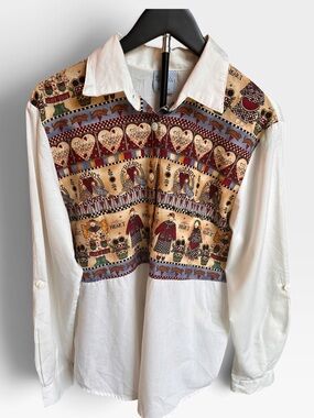 Vintage 90s Cascade Blues Folk Art Novelty Panel Button Up Shirt Made in USA SzM